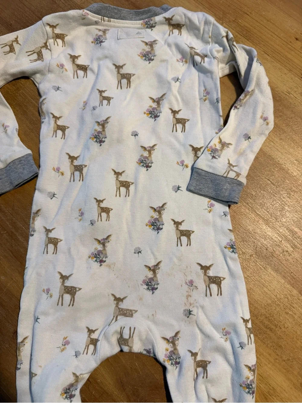 Soft Footed Baby One-Piece Pajama in White with Blue Trim – Deer Print